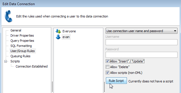 The User/Group Rules tab of the Edit Data Connection window, with an individual user selected and the Rule Script button highlighted